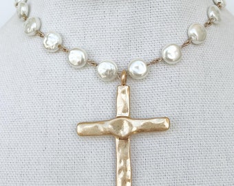 Pearl Cross Necklace Vintage Porcelain Glass Pearl Pearl Beaded Chain Religious Gold Cross Large Gold Cross Pendant Gold Cross Necklace