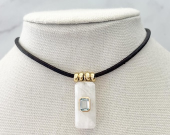 Rainbow Moonstone Necklace Leather Cord Necklace Moonstone Pendant Necklace Blue Gemstone Necklace Gold Accent Necklace Minimal Jewelry