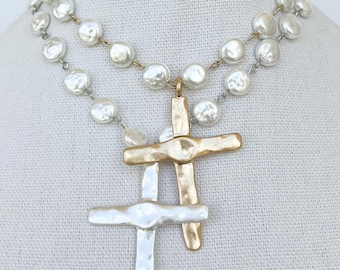 Pearl Cross Necklace Vintage Porcelain Glass Pearl Pearl Beaded Chain Religious Silver Cross Large Gold Cross Pendant Silver Cross Necklace