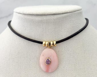 Pink Opal Necklace Leather Cord Necklace Pink Stone Pendant Necklace Purple Gemstone Pendant Minimal Gold Necklace Modern Jewelry