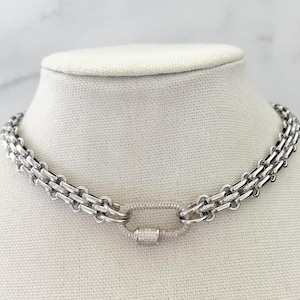 Silver Carabiner Necklace Chunky Silver Necklace Multilink Silver Chain Necklace Silver Pave Carabiner Necklace Silver Link Chain Necklace