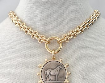 Silver Statement Necklace Silver Chunky Necklace Large Coin Pendant Silver Equestrian Coin Necklace Vintage Coin Pendant for Jewelry