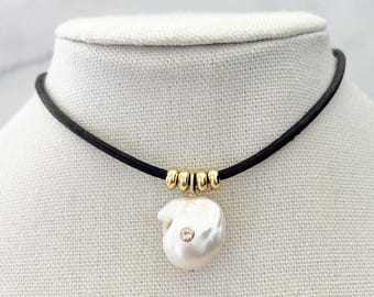 Baroque Pearl Necklace Leather Cord Necklace Organic Pearl Pendant Green Gemstone Necklace Gold Accent Necklace Coastal Jewelry