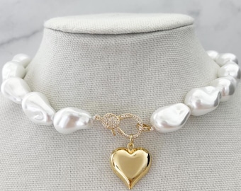 ★ENGBROX★ silver925 buddy heart pearl necklace EBNL25009 Big Pearl Necklace Big Heart Pendant Silver Heart Necklace