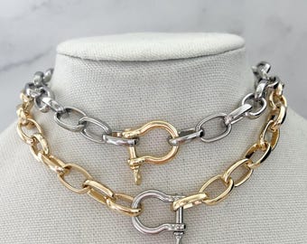 Gold Shackle Necklace Mixed Metal Chain Necklace Large Carabiner Necklace Horse Bit Chain Necklace Snaffle Bit Punk Chain Jewelry