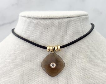 Smoky Quartz Necklace Leather Cord Necklace Brown Gemstone Pendant Gold Accent Necklace Minimal Organic Jewelry Modern Statement Neckla