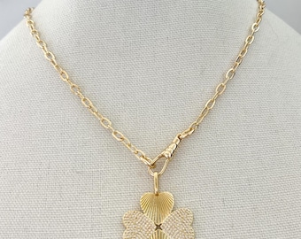 18k Gold Plated Shamrock Necklace Removable Clover Pendant Good Luck Charm Amulet Swivel Dog Clasp Front Closure Gold Link Chain Pave CZ