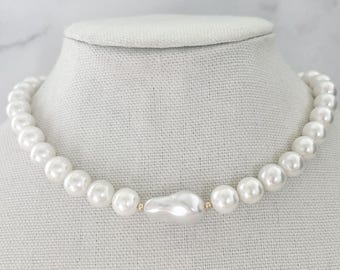 Statement Pearl Necklace Potato Pearl Necklace Accent Pearl and Stone Necklace Simple Faux Pearl Jewelry Pearl Choker Necklace Layering