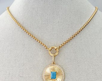 Gold Box Chain Necklace with Turquoise Sunburst Medallion 18k Gold Front Clasp Necklace Removable Coin Pendant Celestial Jewelry Gold Round