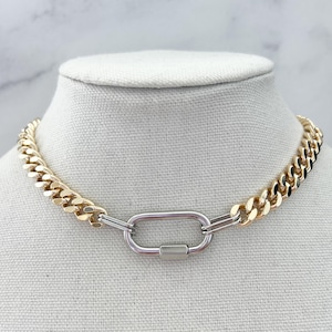 Two Tone Chunky Chain Necklace Silver And Gold Necklace Mixed Metals Necklace Gold Carabiner Chain Necklace Silver Curb Chain Necklace