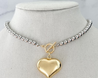 Silver Beaded Heart Necklace Silver Toggle Necklace Mixed Metal Beaded Necklace Puffy Heart Necklace Silver Beaded Choker Gold and Silver