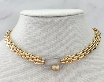 Gold Carabiner Necklace Chunky Gold Necklace Double Chain Gold Necklace Gold Pave Carabiner Necklace Gold Link Chain Necklace Chunky Chain