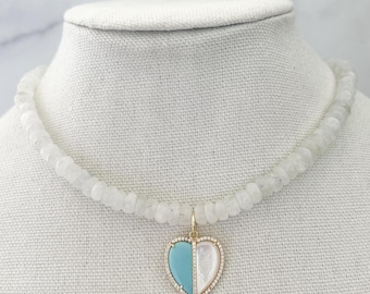 Moonstone Beaded Necklace Mother of Pearl Beaded Necklace Semi Precious Gemstone Necklace Rainbow Moonstone Raw Crystal Beaded Necklace