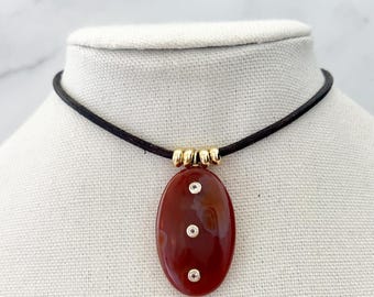 Carnelian Stone Pendant Necklace Large Earthy Stone Necklace Earth Healing Necklace Large Natural Stone Pendant Gemstone Inlay Pendant
