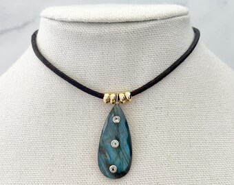 Natural Labradorite Necklace Leather Cord Pendant Necklace Gold Accent Statement Necklace
