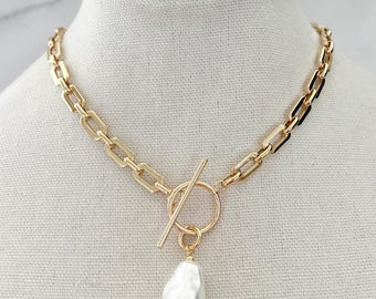 Collar de perlas barrocas Collar de perlas de oro Collar de cadena de eslabones Collar de perlas grandes Collar de perlas XL Collar con dije de perlas Joyería de perlas Perla de cristal