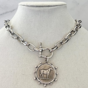 Silver Horse Coin Necklace Equestrian Jewelry Shackle Chain Necklace Large Carabiner Necklace Western Jewelry Stallion Pendant Vintage Horse