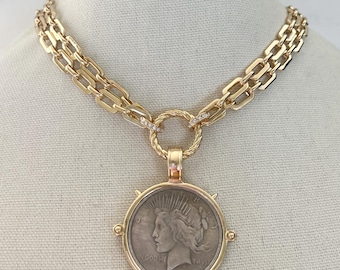 Gold Coin Medallion Necklace Large Gold Coin Chunky Necklace Vintage Coin Necklace Antique Coin Necklace  Gold Chunky Layering Necklace
