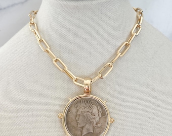 Lady Liberty Peace Dollar Necklace Large Vintage Coin Necklace Antiqued Coin Jewelry 1776 Liberty Coin Jewelry Large Gold Coin Necklace