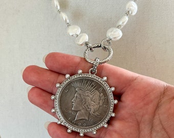 Vintage Coin Necklace Vintage Pearl Chain Necklace Antiqued Pearl Chain Necklace Vintage Estate Jewelry Style Silver French Coin Pendant