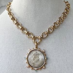 Gold Statement Necklace Gold Chunky Necklace Large Gold Coin Pendant XL Coin Pendant Gold Coin Necklace Vintage Coin Pendant for Jewelry