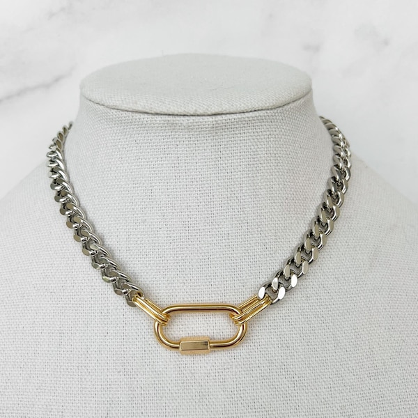 Two Tone Chunky Chain Necklace Silver And Gold Necklace Mixed Metals Necklace Gold Carabiner Chain Necklace Silver Curb Chain Necklace