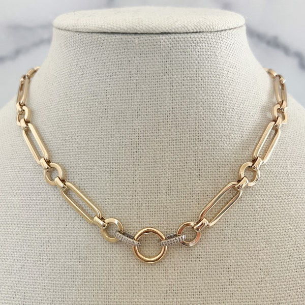 Gold Statement Necklace Gold and Silver Chunky Necklace Large Gold and Silver Pave Necklace Two Tone Paperclip Link Chain Necklace
