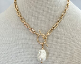 Baroque Pearl Necklace Gold Pearl Necklace Link Chain Necklace Large Pearl Necklace XL Pearl Charm Necklace Pearl Jewelry Glass Pearl