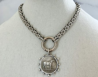 Silver Statement Necklace Silver Chunky Necklace Large Coin Pendant Silver Equestrian Coin Necklace Vintage Coin Pendant for Jewelry