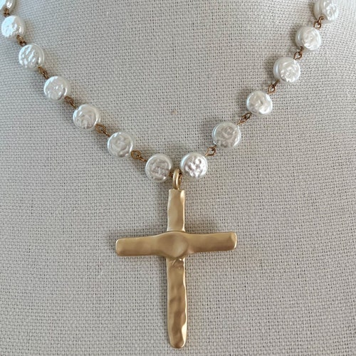 Pearl Cross Necklace Vintage Porcelain Glass Pearl Pearl Etsy