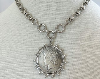 Vintage Münze Halskette Silber Statement Halskette klobige Halskette Silber Groß Silber Münze Anhänger XL Münze Anhänger Münze Halskette für Schmuck