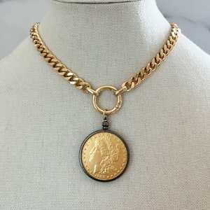 Gold Statement Necklace Gold Chunky Necklace Large Gold Coin Pendant XL Coin Pendant Gold Coin Necklace Vintage Coin Pendant for Jewelry