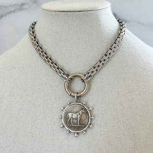 Silver Statement Necklace Silver Chunky Necklace Large Coin Pendant Silver Equestrian Coin Necklace Vintage Coin Pendant for Jewelry