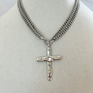 Silver Cross Necklace Religious Silver Cross Large Silver Cross Pendant Religious Jewelry Cuban Chain Necklace Silver Chunky Cross Necklace