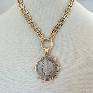 Gold Coin Medallion Necklace Large Gold Coin Chunky Necklace Vintage Coin Necklace Antique Coin Necklace  Gold Chunky Layering Necklace