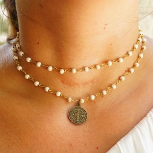 Benedikt Münze Rosenkranz Halskette Edelstein Halskette Rosenkranz Choker Katholischen Schmuck Weiß Türkis Perle Religiöser Schmuck Kreuz Anhänger