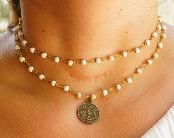 Saint Benedict Coin Rosary Necklace Gemstone Necklace Rosary Choker Catholic Jewelry White Turquoise Bead Religious Jewelry Cross Pendant