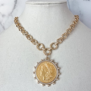 Vintage Coin Necklace Gold Statement Necklace Gold Chunky Necklace Large Gold Coin Pendant XL Coin Pendant Gold Coin Necklace for Jewelry