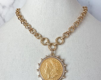 Vintage Coin Necklace Gold Statement Necklace Gold Chunky Necklace Large Gold Coin Pendant XL Coin Pendant Gold Coin Necklace for Jewelry