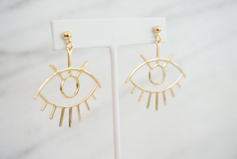 Gold Evil Eye Earrings Evil Eye Jewelry Evil Eye Stud Dangle Third Eye Earrings Gold Statement Earring Large Eye Stud All Seeing Eye Jewelry image 2