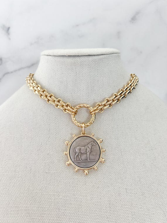 Gold Statement Necklace Gold Chunky Necklace Large Coin Pendant Gold Horse Coin Necklace Vintage Coin Pendant Equestrian Jewelry