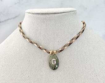 Gemstone Cord Necklace Prehnite Paracord Necklace Pendant Necklace with natural Gemstone White Topaz inlay Pendant Cord Choker Necklace