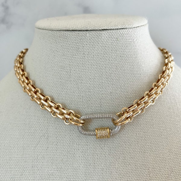 Gold Carabiner Necklace Chunky Gold Necklace Double Chain Gold Necklace Gold Pave Carabiner Necklace Gold Link Chain Necklace Chunky Chain