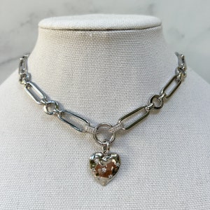 Silver Chunky Necklace Silver Chain Necklace Mixed Paperclip Link Chain Necklace Silver Heart Necklace Open Link for Charms
