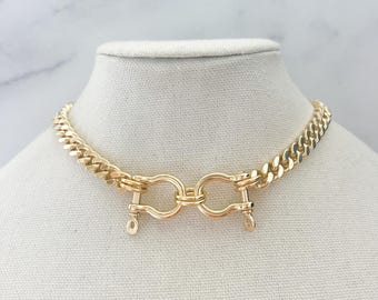 Gold Horse Bit Necklace Thick Shackle Clasp Necklace Thick Cuban Chain Choker Horse Shackle Link Chain Gold Snaglle Bit Equestrian Jewelry