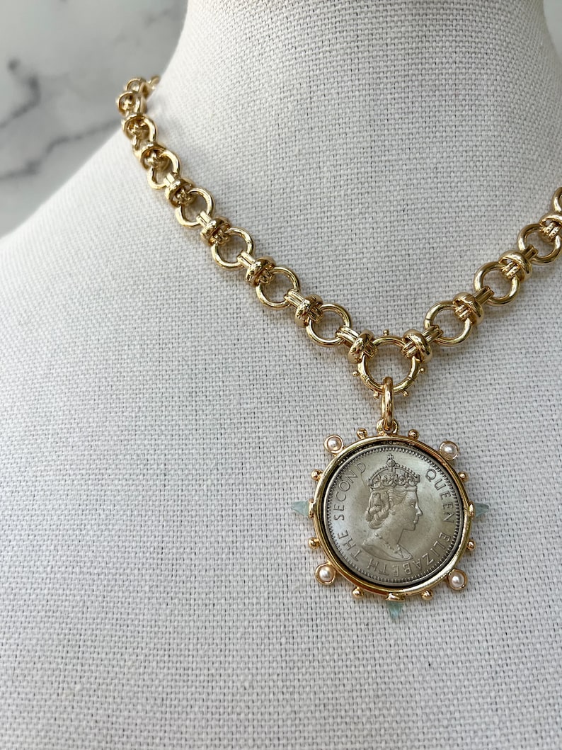Gold Statement Necklace Gold Chunky Necklace Large Gold Coin Pendant XL Coin Pendant Gold Coin Necklace Vintage Coin Pendant for Jewelry image 2