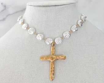 Pearl Cross Necklace Vintage Porcelain Glass Pearl Pearl Beaded Chain Religious Gold Cross Large Gold Cross Pendant Gold Cross Necklace