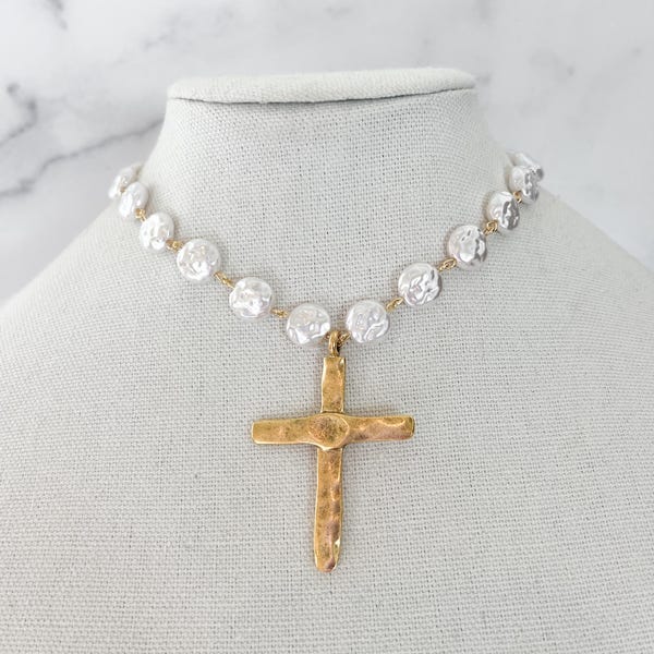 Pearl Cross Necklace Vintage Porcelain Glass Pearl Pearl Beaded Chain Religious Gold Cross Large Gold Cross Pendant Gold Cross Necklace