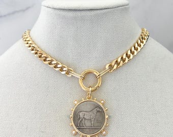Gold Horse Necklace Equestrian Theme Necklace Necklace for Horse Lovers Western Cowgirl Necklace Chunky Gold Chain Necklace Stallion Pendant