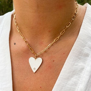 Gold Filled Heart Necklace White Heart Necklace Gold Heart Necklace Gold Paperclip Chain Necklace